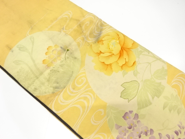 JAPANESE KIMONO / ANTIQUE CHUYA OBI / SILK / PEONY & WISTERIA